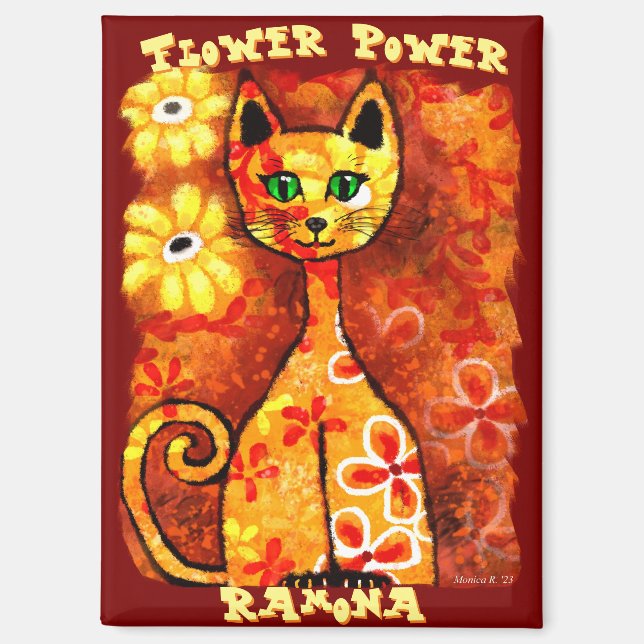 Flower Power Retro Whimsical Cat Personalized Magnet (Front)
