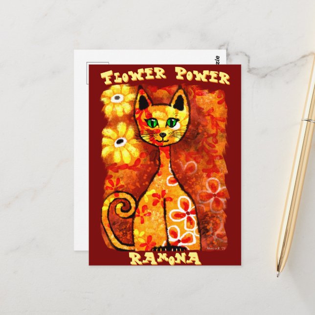 Flower Power Retro Whimsical Cat Personalized Postcard (Front/Back In Situ)