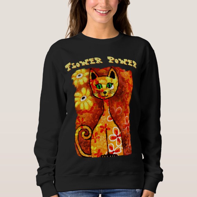 Flower Power Retro Whimsical Cat Personalized Sweatshirt (Front)