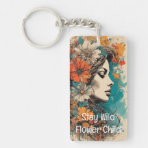 Flower Power Retro Woman Portrait Acrylic Keychain