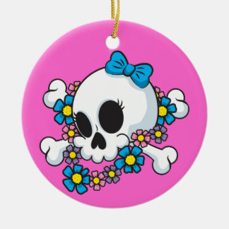 Flower Power Skull Ceramic Ornament