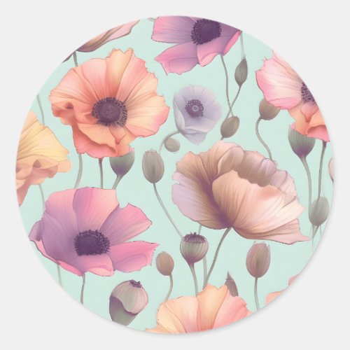 Flower power with pastel poppy patterns classic round sticker