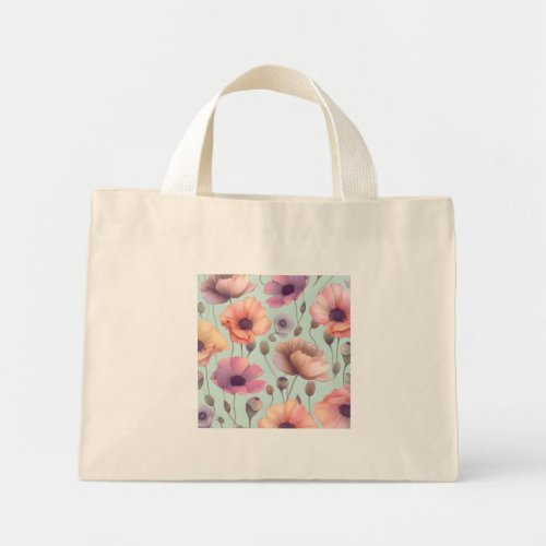 Flower power with pastel poppy patterns mini tote bag