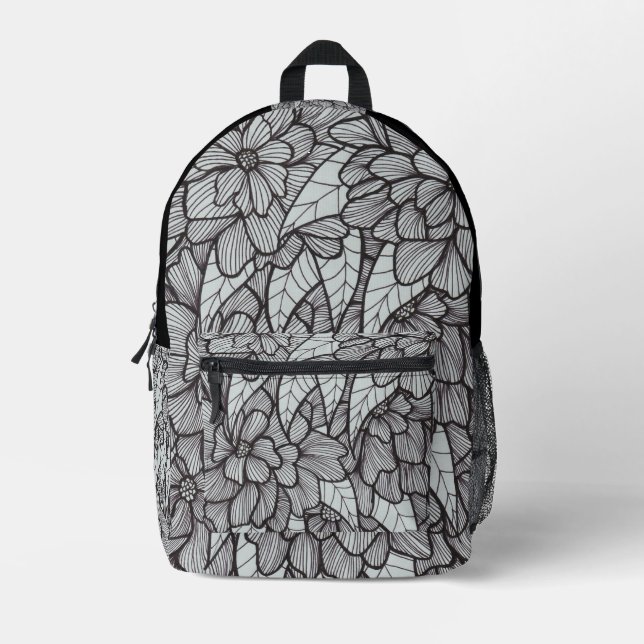 Flower Print Backpack With White Gray Black Art (Front)