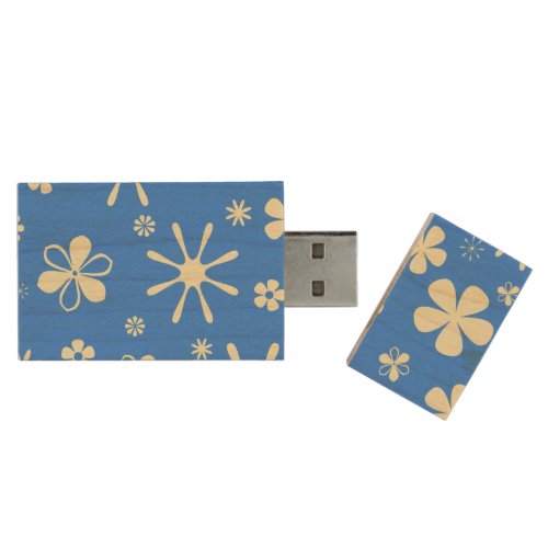 Flower Print Blue  Yellow Wood Flash Drive