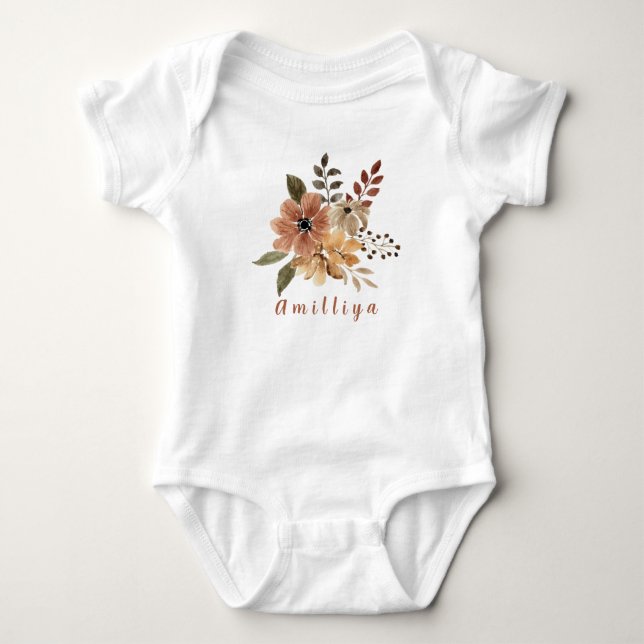 Flower Print Personalized Name Cute Morden  Baby Bodysuit (Front)