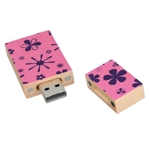 Flower Print Pink  Blue Wood Flash Drive