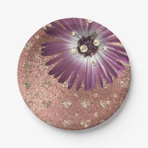 Flower Purple Blush Hearts Rose Gold Diamond Glass Paper Plates