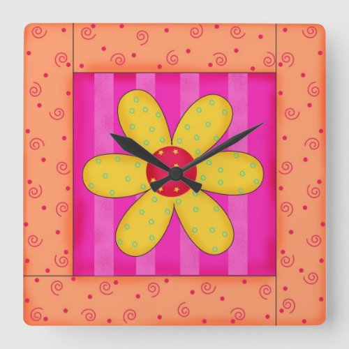 Flower Quilt Block Wall Clock Orange