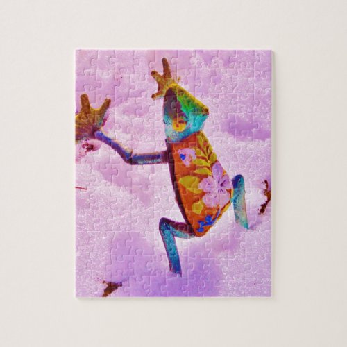 Flower rainbow frog on orchid color snow jigsaw puzzle