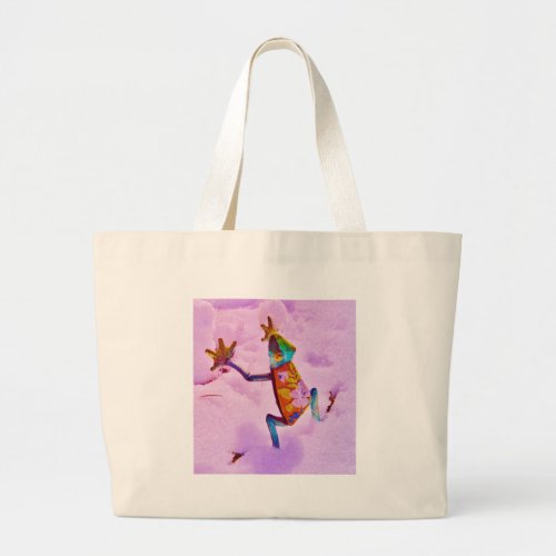 Flower rainbow frog on orchid color snow large tote bag