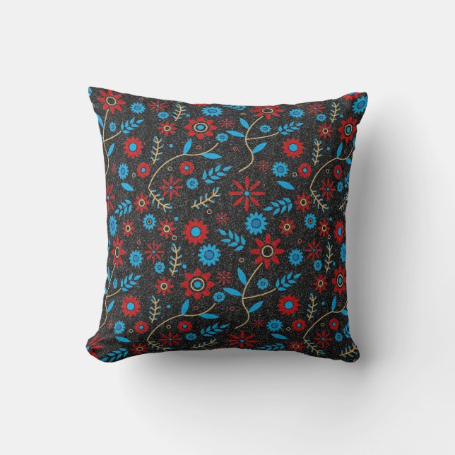 Flower Red Gold Blue Black Glitter Stylish Pattern Throw Pillow (Front)
