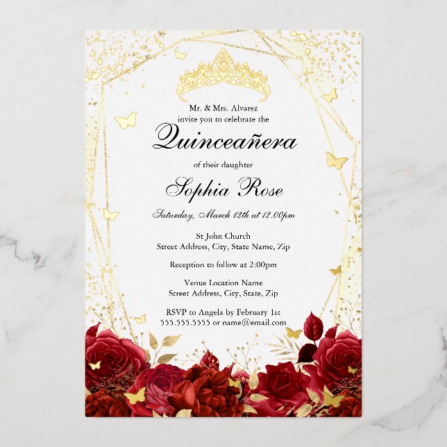 Flower Red Gold Tiara Quinceanera  Foil Invitation (Front)