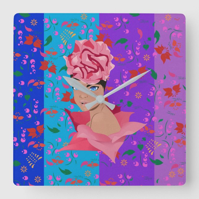 Flower Renewal Bright Floral Girl Square Wall Clock (Front)