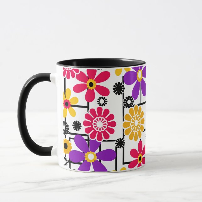 Flower retro, bright retro, floral, red and yellow mug (Left)