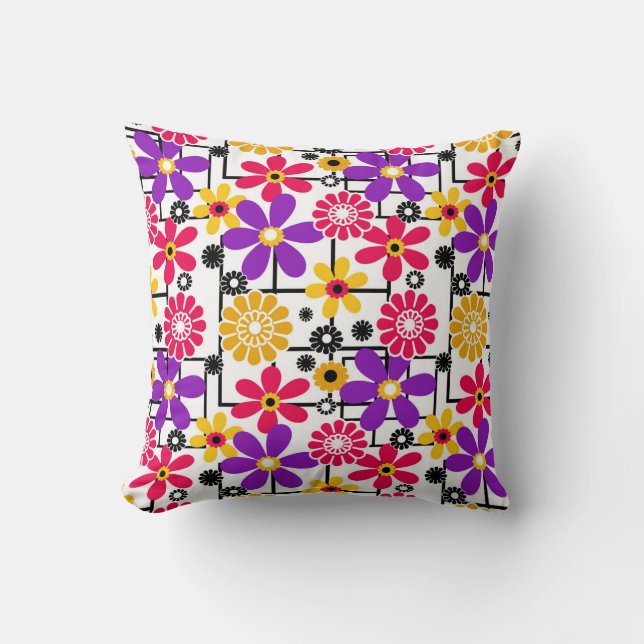 Flower retro, bright retro, floral, red and yellow throw pillow (Front)