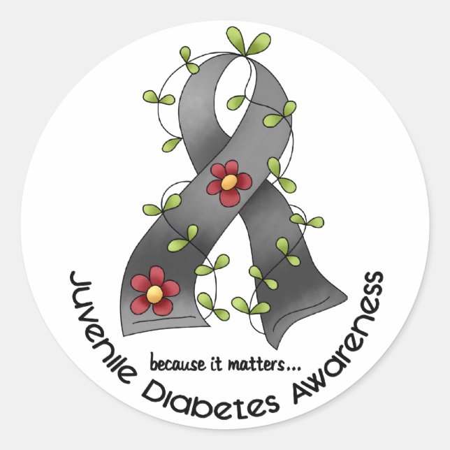 Flower Ribbon JUVENILE DIABETES AWARENESS T-Shirts Classic Round Sticker (Front)