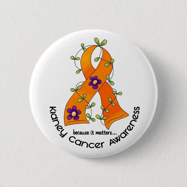 Flower Ribbon KIDNEY CANCER (with Orange Ribbon) Button (Front)
