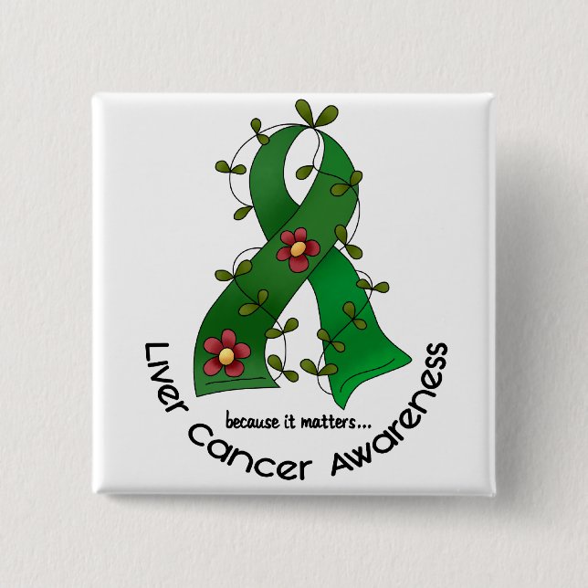 Flower Ribbon LIVER CANCER (EMERALD GREEN Ribbon) Button (Front)