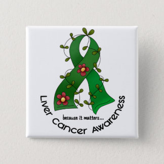 Flower Ribbon LIVER CANCER (EMERALD GREEN Ribbon) Button