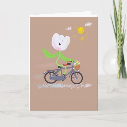 Flower riding a bicycle saying Its me hi   Card