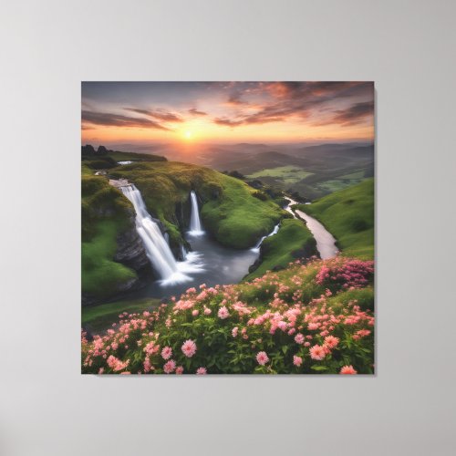 Flower Rolling Hills in Sunset Waterfalls Canvas Print