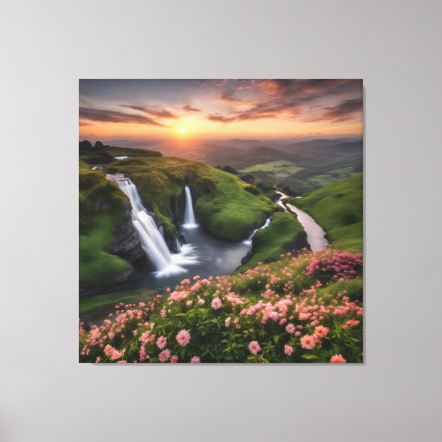 Flower Rolling Hills in Sunset Waterfalls Canvas Print (Front)