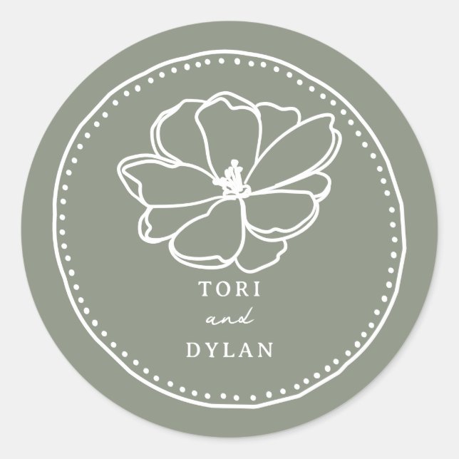Flower Sage Green Wedding Classic Round Sticker (Front)