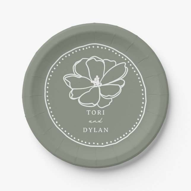 Flower Sage Green Wedding Paper Plates (Front)