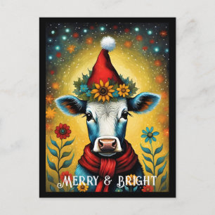 Flower Santa Cute Baby Cow Colorful Christmas Postcard