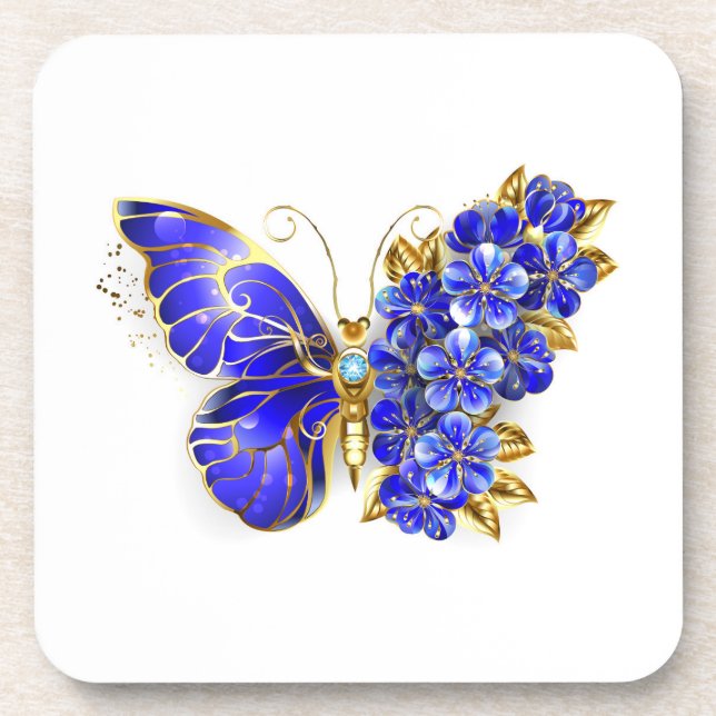 Flower Sapphire Butterfly Beverage Coaster (Front)