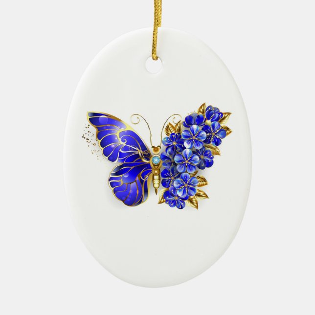 Flower Sapphire Butterfly Ceramic Ornament (Front)
