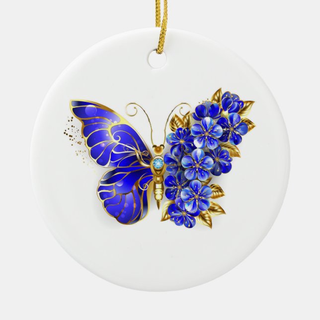 Flower Sapphire Butterfly Ceramic Ornament (Front)