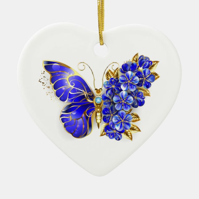 Flower Sapphire Butterfly Ceramic Ornament (Front)