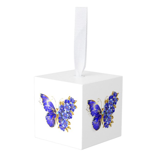 Flower Sapphire Butterfly Cube Ornament (Front Angled)