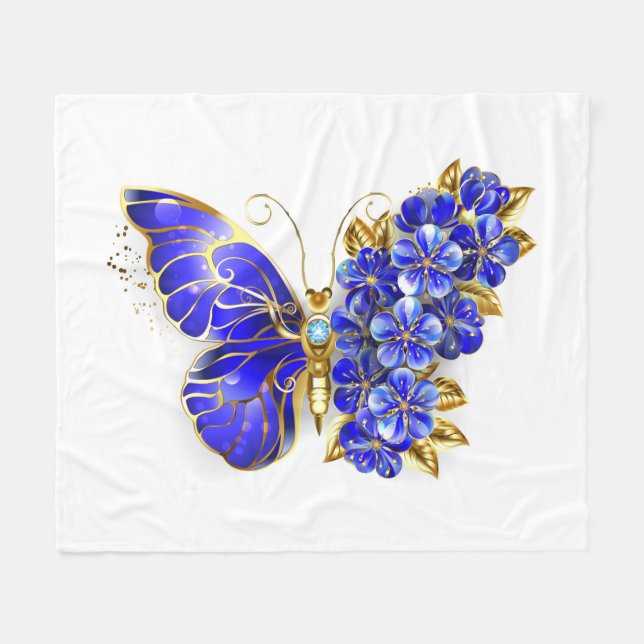 Flower Sapphire Butterfly Fleece Blanket (Front (Horizontal))