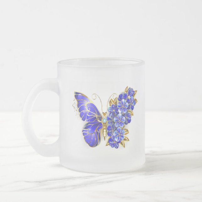 Flower Sapphire Butterfly Frosted Glass Coffee Mug (Left)