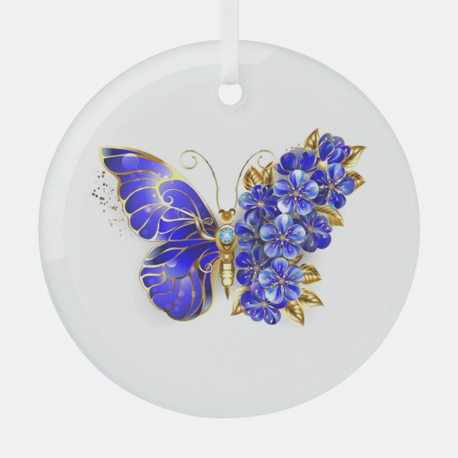 Flower Sapphire Butterfly Glass Ornament (Front)