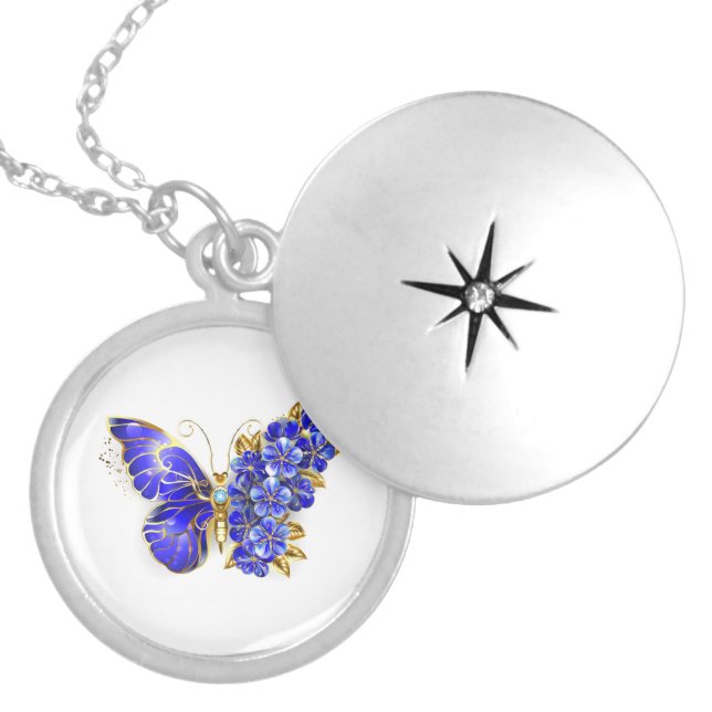 Flower Sapphire Butterfly Locket Necklace (Front)