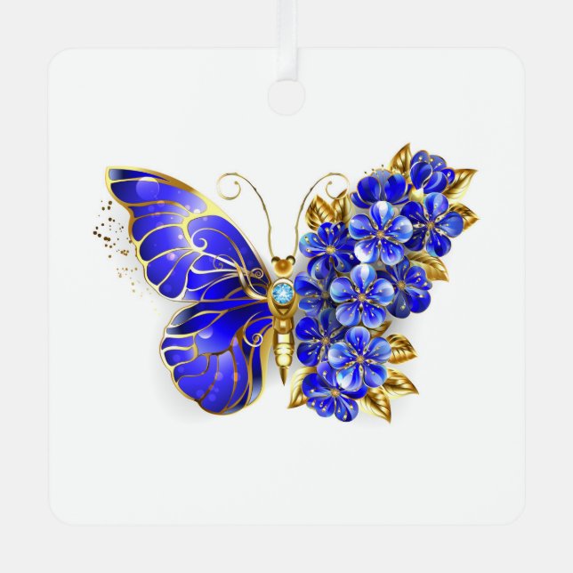 Flower Sapphire Butterfly Metal Ornament (Front)