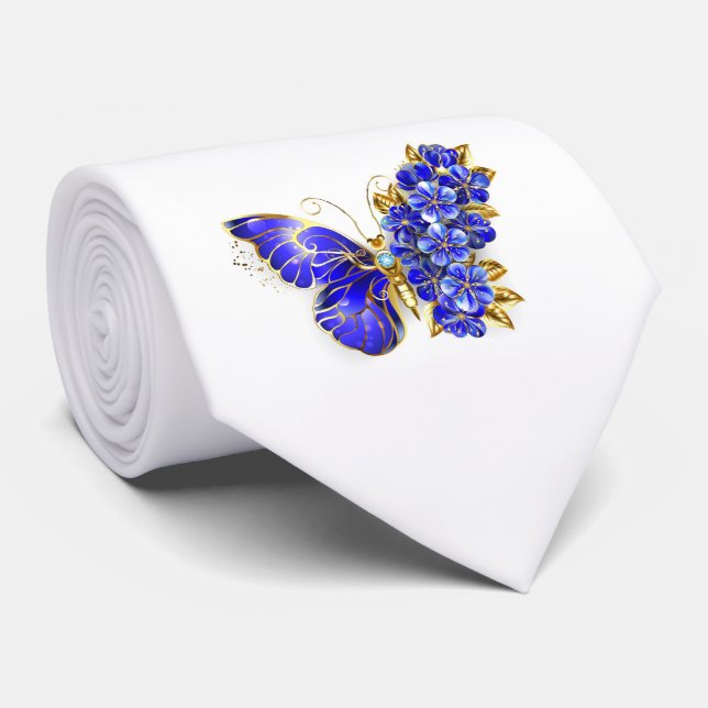 Flower Sapphire Butterfly Neck Tie (Rolled)