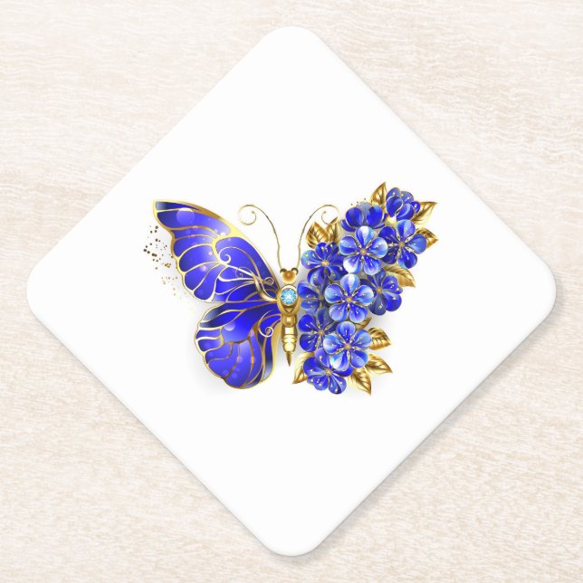 Flower Sapphire Butterfly Paper Coaster (Front)
