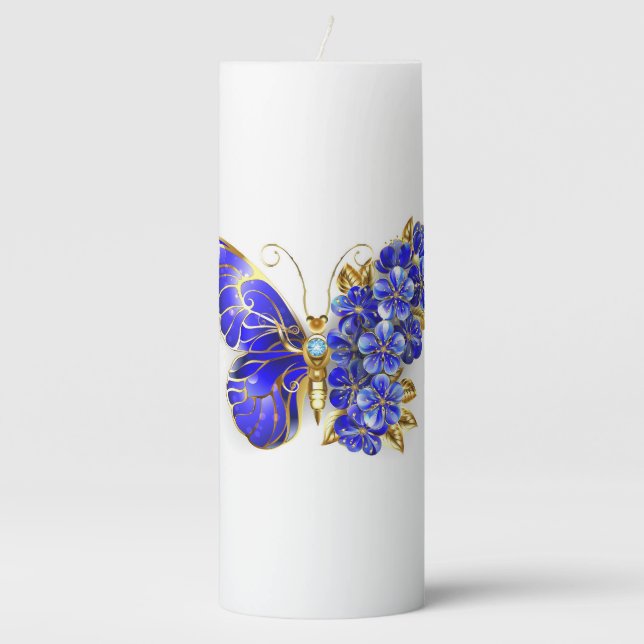 Flower Sapphire Butterfly Pillar Candle (Front)
