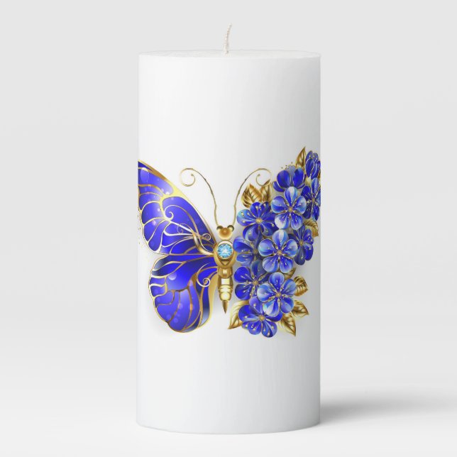 Flower Sapphire Butterfly Pillar Candle (Front)