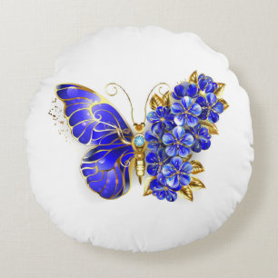 Flower Sapphire Butterfly Round Pillow