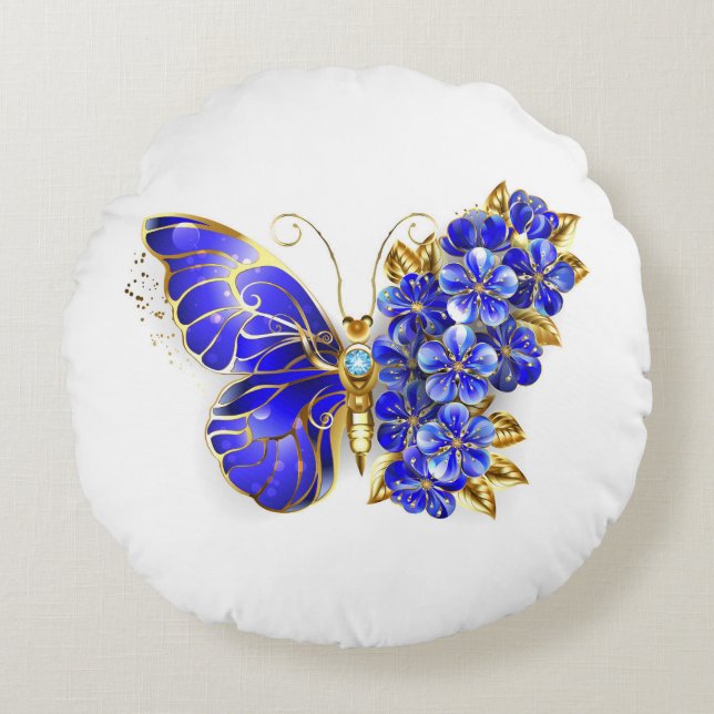 Flower Sapphire Butterfly Round Pillow (Front)