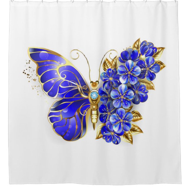 Flower Sapphire Butterfly Shower Curtain (Front)