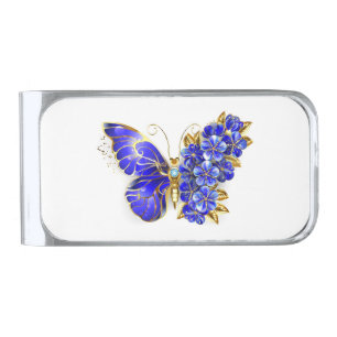 Flower Sapphire Butterfly Silver Finish Money Clip
