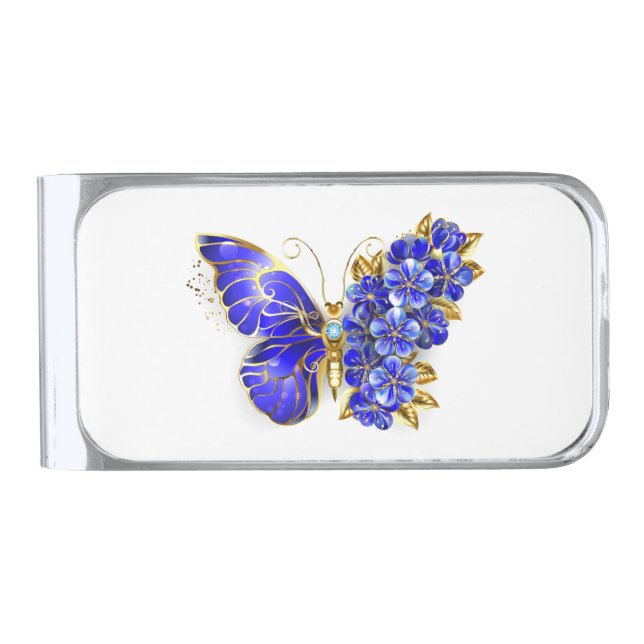 Flower Sapphire Butterfly Silver Finish Money Clip (Front)
