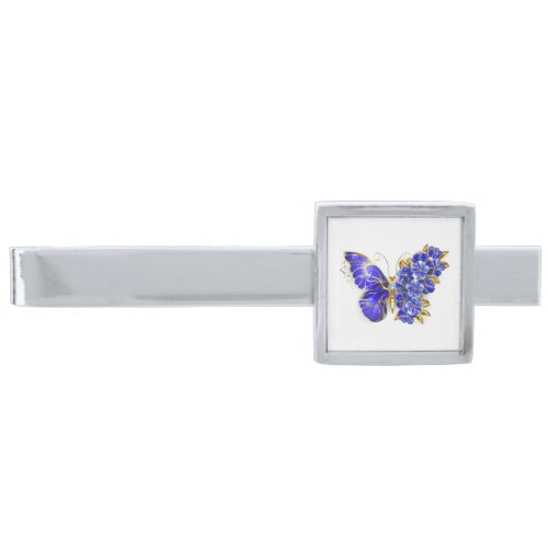 Flower Sapphire Butterfly Silver Finish Tie Bar